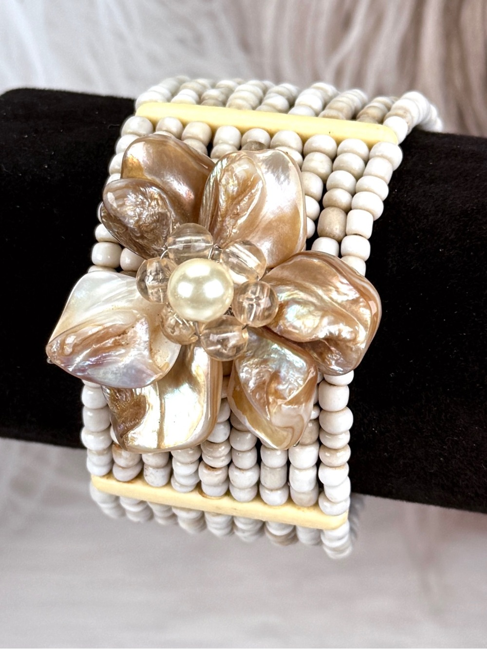 White Beaded Floral Statement Bracelet Shell Look Flower Wide Cuff Bracelet